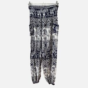 Unbranded Bohemian Elephant Print Pants  Smocked Waistline Pockets Blue White
